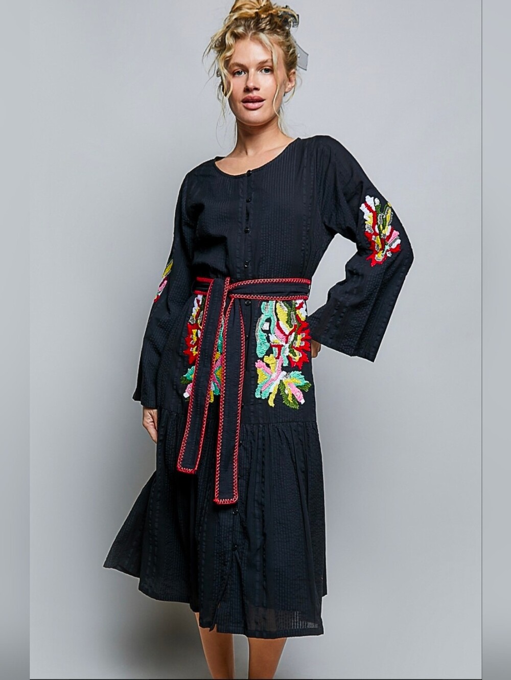 NEW!!! POL Embroidered Black Maxi Dress with Belt, NWT - Picture 4 of 6